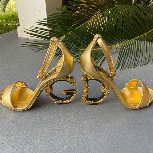 Dolce & GABBANA Keira Baroque DG Metallic Gold Heel Sandal Size 6 / 36 - Picture 4 of 16